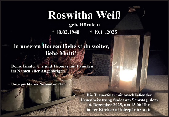 Traueranzeige von Roswitha Weiß von Südthüringer Presse