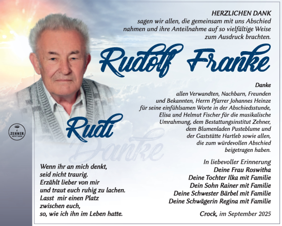 Traueranzeige von Rudolf Franke von Südthüringer Presse