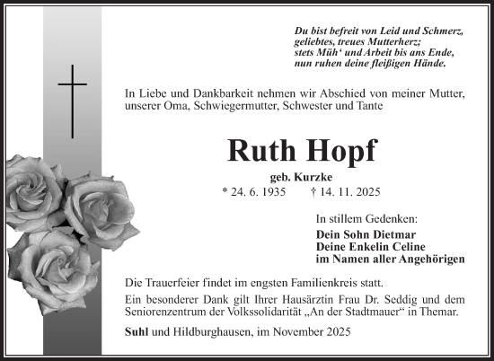 Traueranzeige von Ruth Hopf von Südthüringer Presse