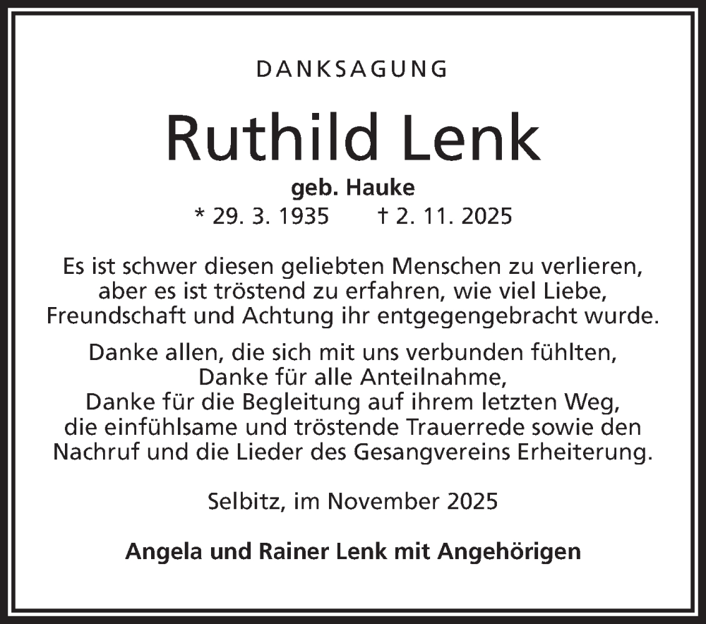  Traueranzeige für Ruthild Lenk vom 29.11.2025 aus Frankenpost