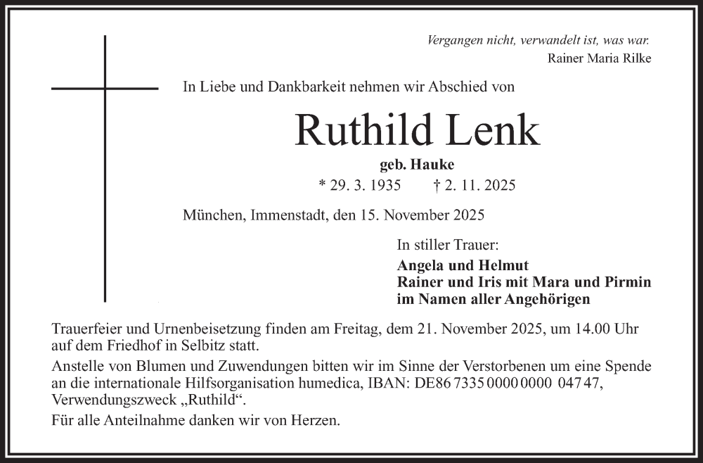  Traueranzeige für Ruthild Lenk vom 15.11.2025 aus Frankenpost