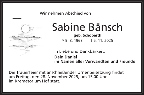 Traueranzeige von Sabine Bänsch von Frankenpost