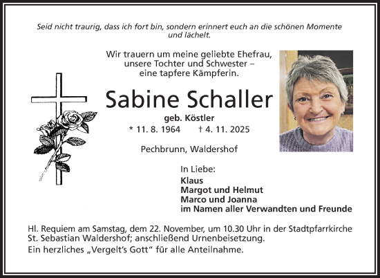 Traueranzeige von Sabine Schaller von Frankenpost