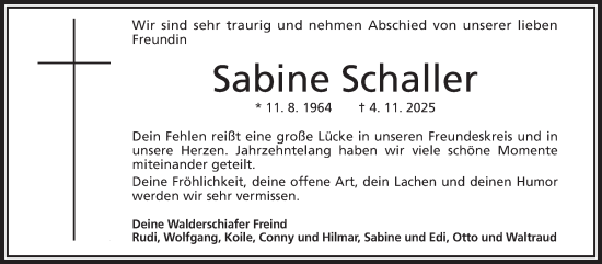 Traueranzeige von Sabine Schaller von Frankenpost