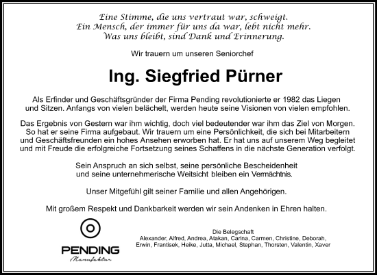 Traueranzeige von Siegfried Pürner von Frankenpost