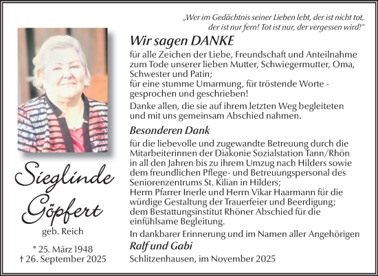 Traueranzeige von Sieglinde Göpfert von Südthüringer Presse