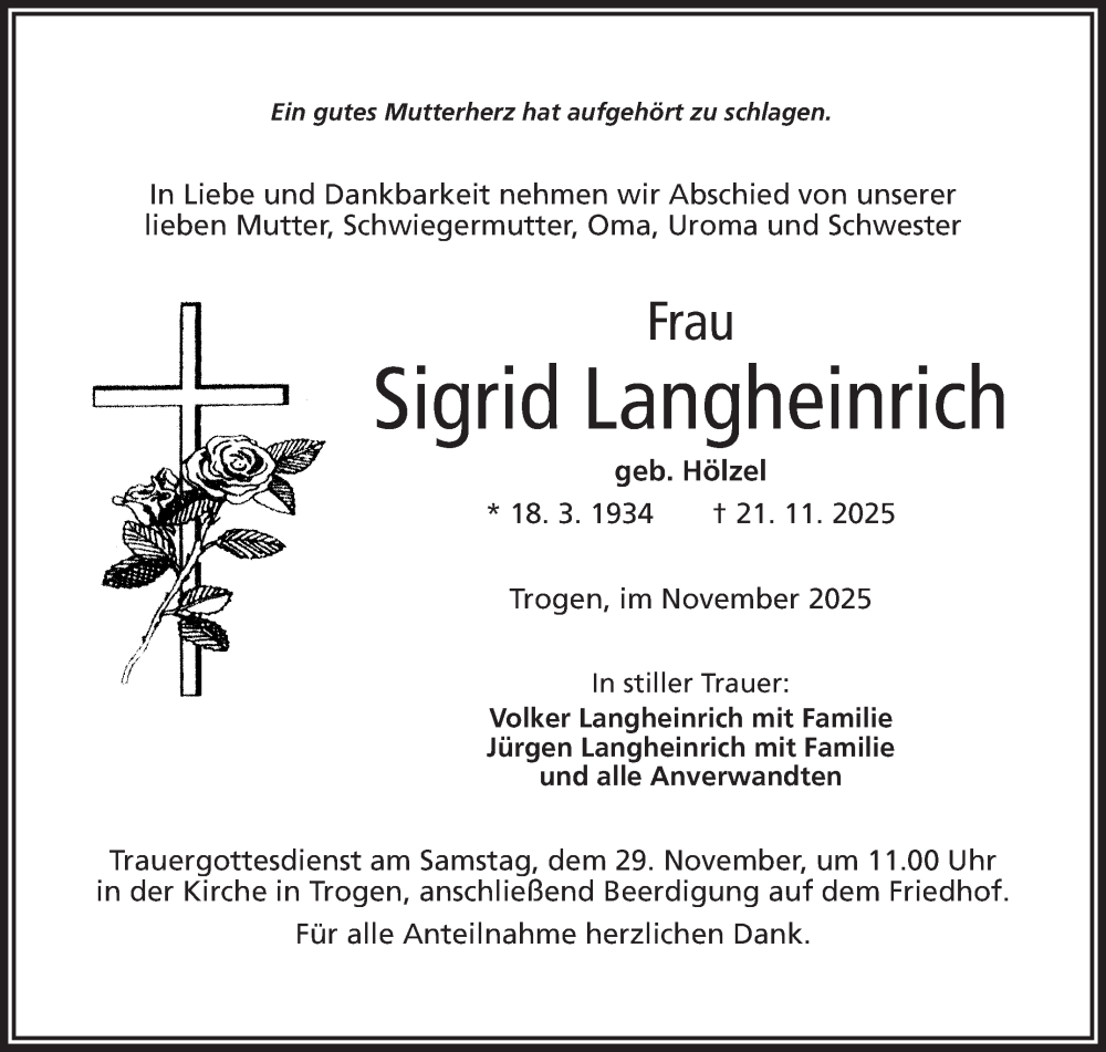  Traueranzeige für Sigrid Langheinrich vom 26.11.2025 aus Frankenpost