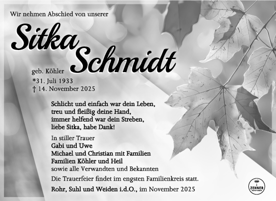 Traueranzeige von Sitka Schmidt von Südthüringer Presse
