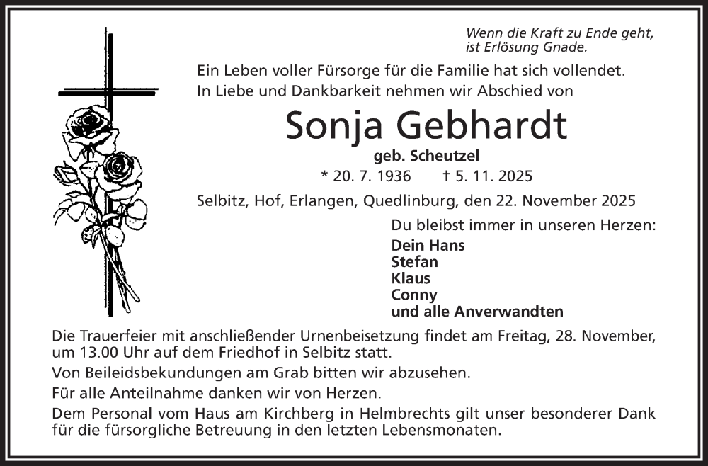  Traueranzeige für Sonja Gebhardt vom 22.11.2025 aus Frankenpost