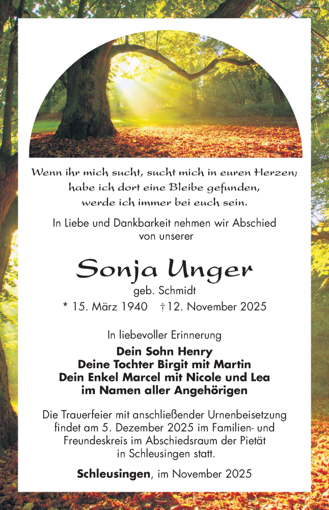  Traueranzeige für Sonja Unger vom 29.11.2025 aus Südthüringer Presse