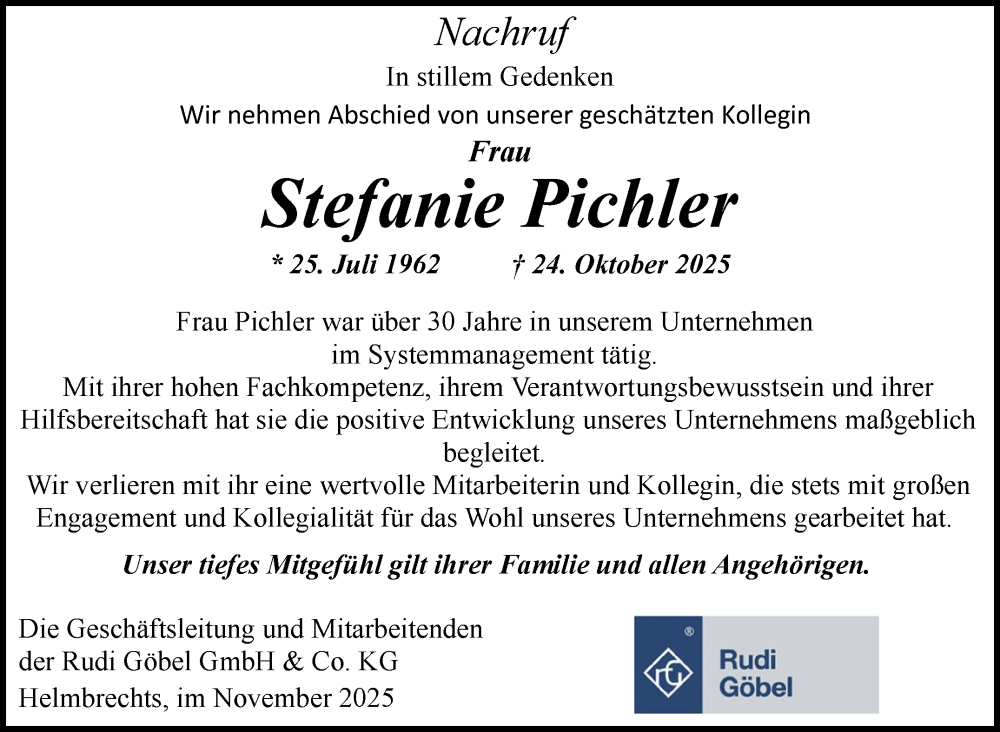  Traueranzeige für Stefanie Pichler vom 05.11.2025 aus Frankenpost