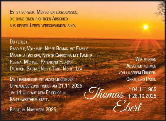 Traueranzeige von Thomas Ebert von Südthüringer Presse