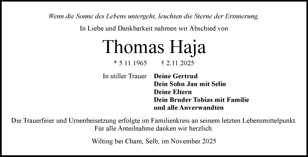  Traueranzeige für Thomas Haja vom 22.11.2025 aus Frankenpost