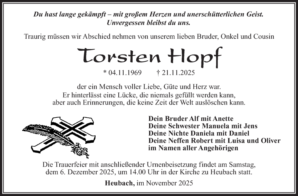  Traueranzeige für Torsten Hopf vom 29.11.2025 aus Südthüringer Presse