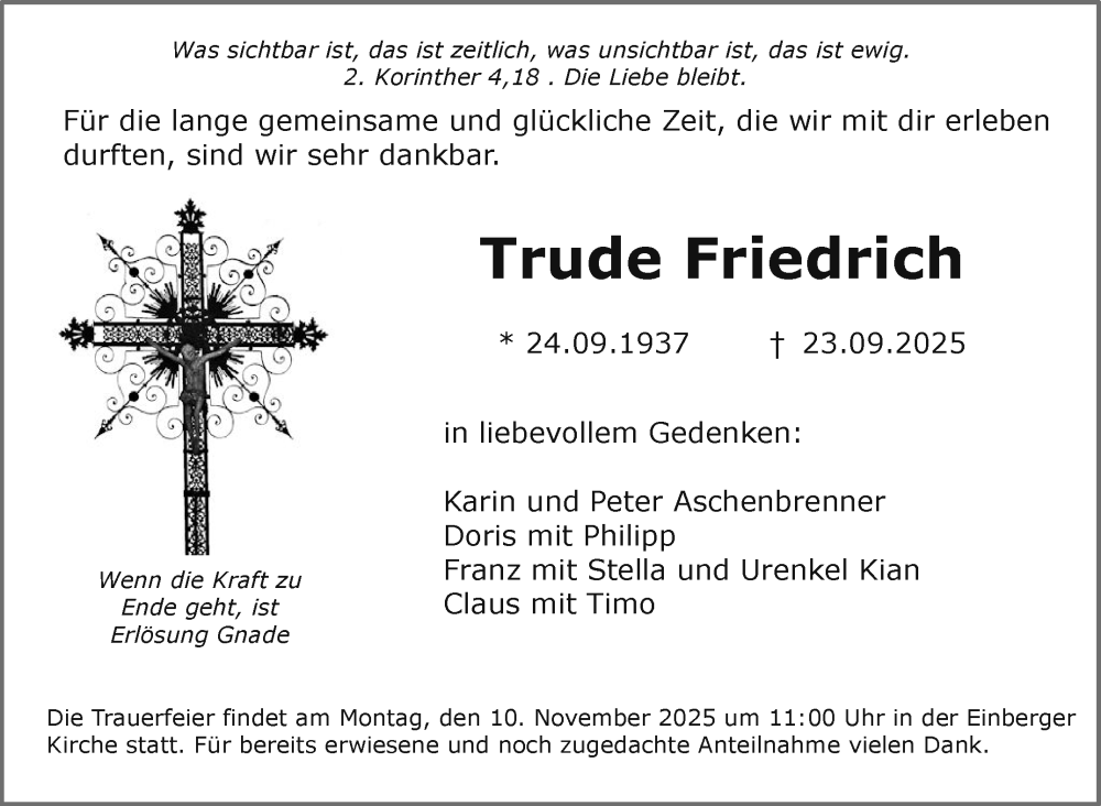  Traueranzeige für Trude Friedrich vom 05.11.2025 aus Neue Presse Coburg