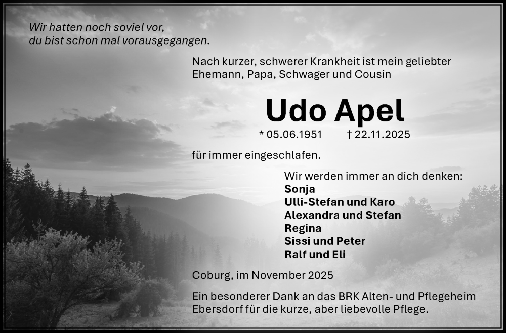  Traueranzeige für Udo Apel vom 29.11.2025 aus Neue Presse Coburg