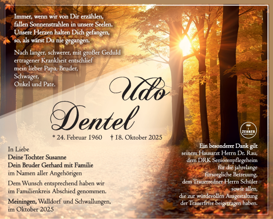 Traueranzeige von Udo Dentel von Südthüringer Presse