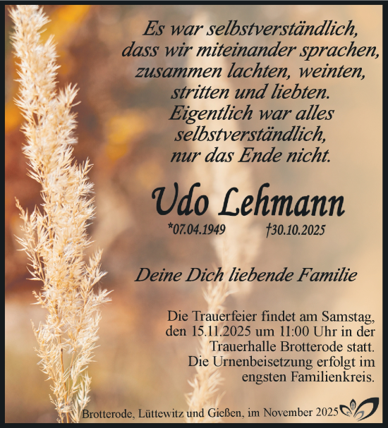 Traueranzeige von Udo Lehmann von Südthüringer Presse