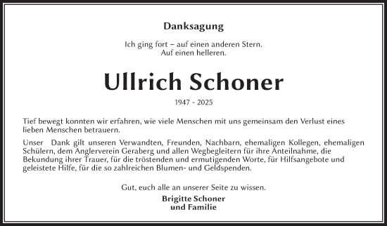 Traueranzeige von Ullrich Schoner von Südthüringer Presse