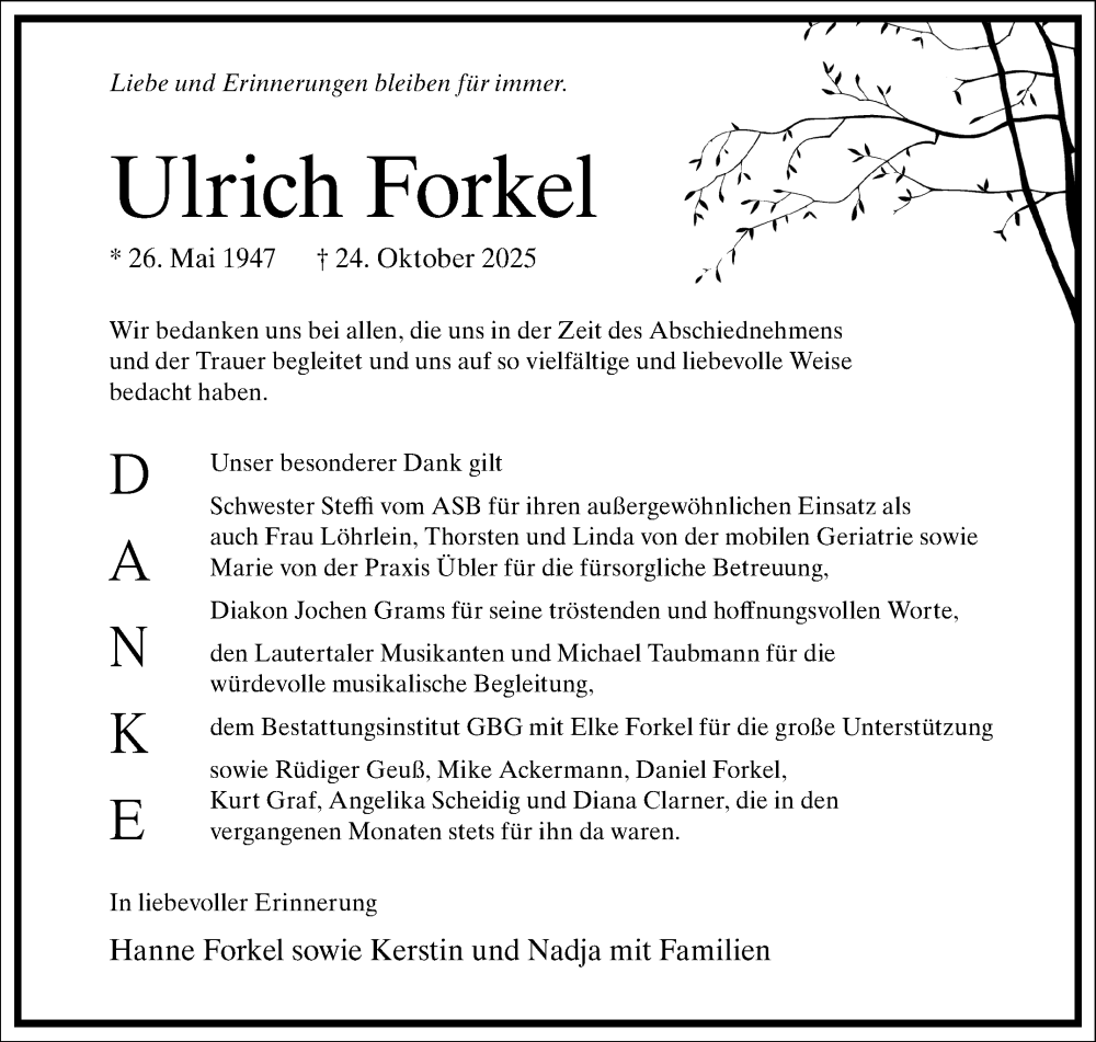  Traueranzeige für Ulrich Forkel vom 08.11.2025 aus Neue Presse Coburg