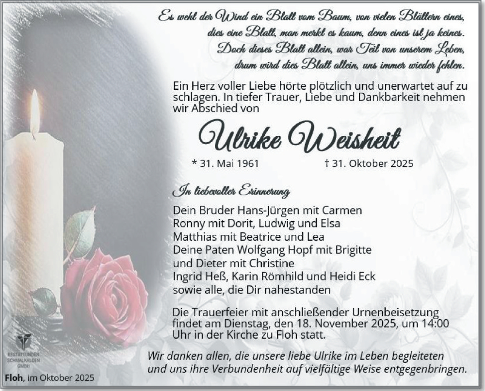  Traueranzeige für Ulrike Weisheit vom 14.11.2025 aus Südthüringer Presse