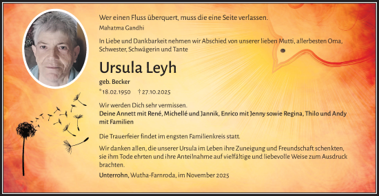 Traueranzeige von Ursula Leyh von Südthüringer Presse