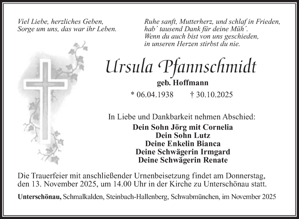  Traueranzeige für Ursula Pfannschmidt vom 08.11.2025 aus Südthüringer Presse