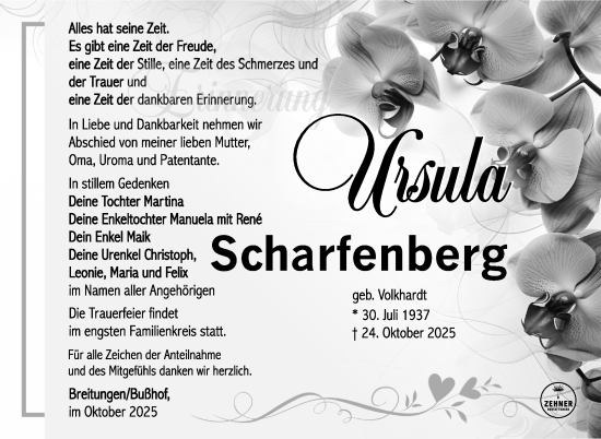 Traueranzeige von Ursula Scharfenberg von Südthüringer Presse