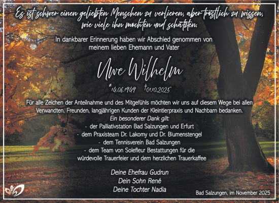 Traueranzeige von Uwe Wilhelm von Südthüringer Presse