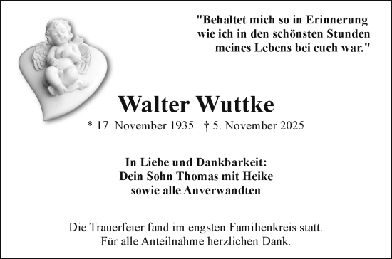 Traueranzeige von Walter Wuttke von Frankenpost