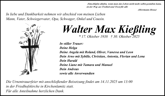 Traueranzeige von Walter Max Kießling von Frankenpost