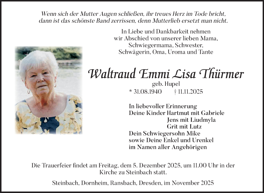  Traueranzeige für Waltraud Emmi Lisa Thürmer vom 29.11.2025 aus Südthüringer Presse
