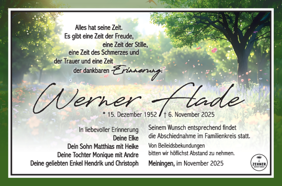 Traueranzeige von Werner Flade von Südthüringer Presse