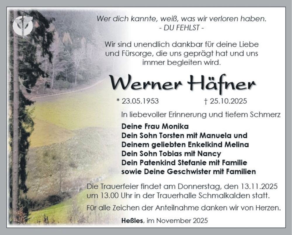  Traueranzeige für Werner Häfner vom 07.11.2025 aus Südthüringer Presse