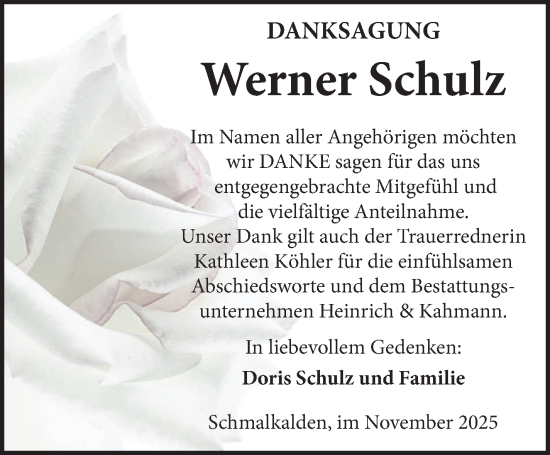 Traueranzeige von Werner Schulz von Südthüringer Presse