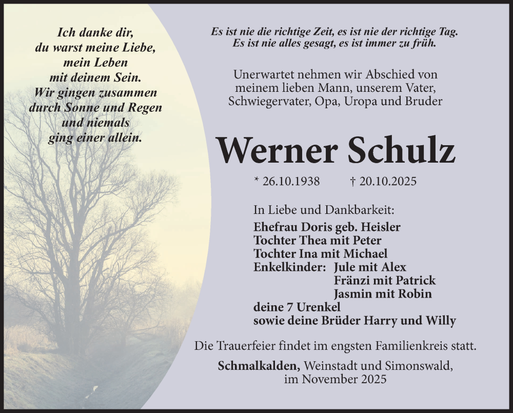  Traueranzeige für Werner Schulz vom 07.11.2025 aus Südthüringer Presse