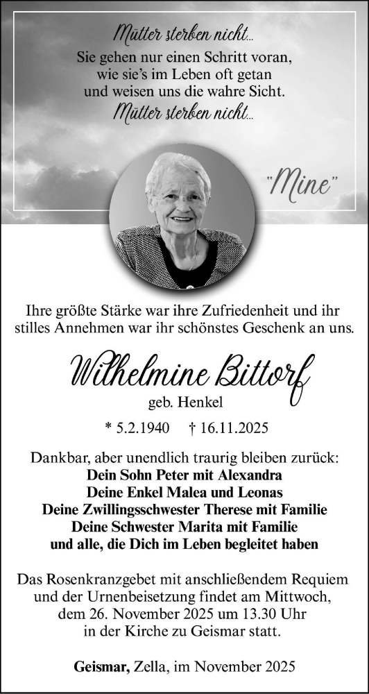 Traueranzeige von Wilhelmine Bittorf von Südthüringer Presse