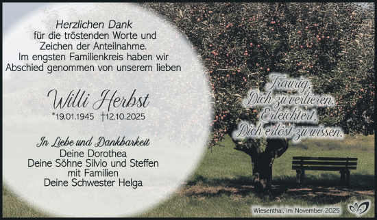 Traueranzeige von Willi Herbst von Südthüringer Presse