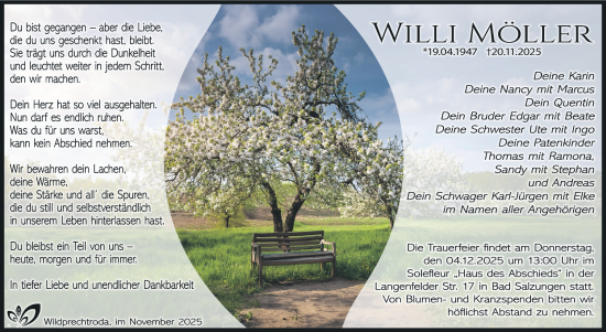 Traueranzeige von Willi Möller von Südthüringer Presse