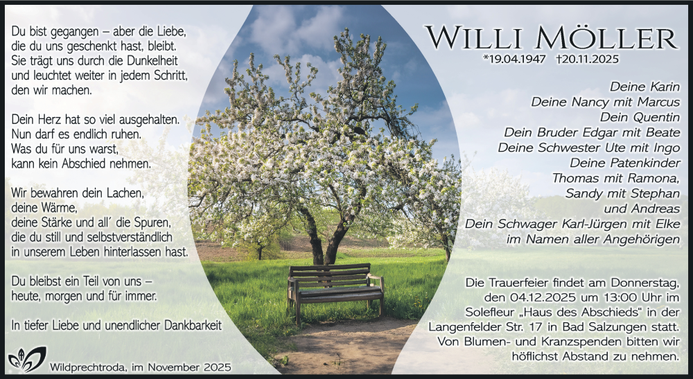  Traueranzeige für Willi Möller vom 29.11.2025 aus Südthüringer Presse