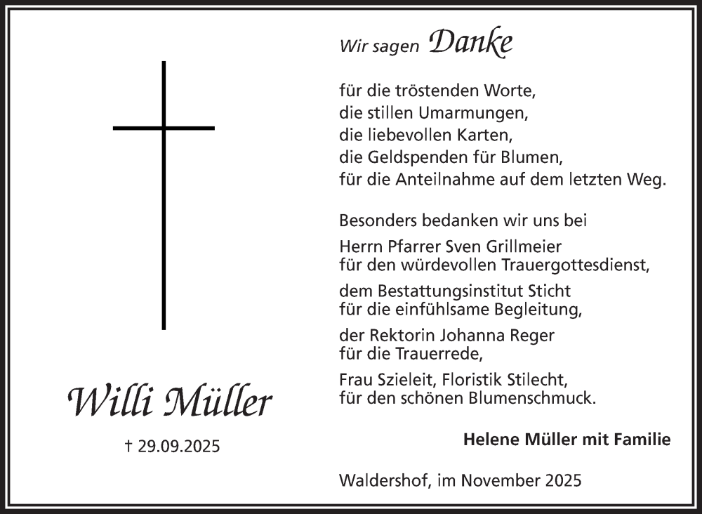  Traueranzeige für Willi Müller vom 15.11.2025 aus Frankenpost