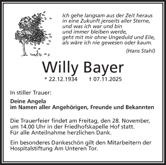 Traueranzeige von Willy Bayer von Frankenpost