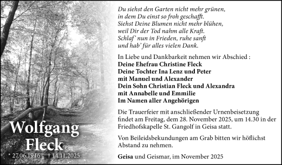 Traueranzeige von Wolfgang Fleck von Südthüringer Presse