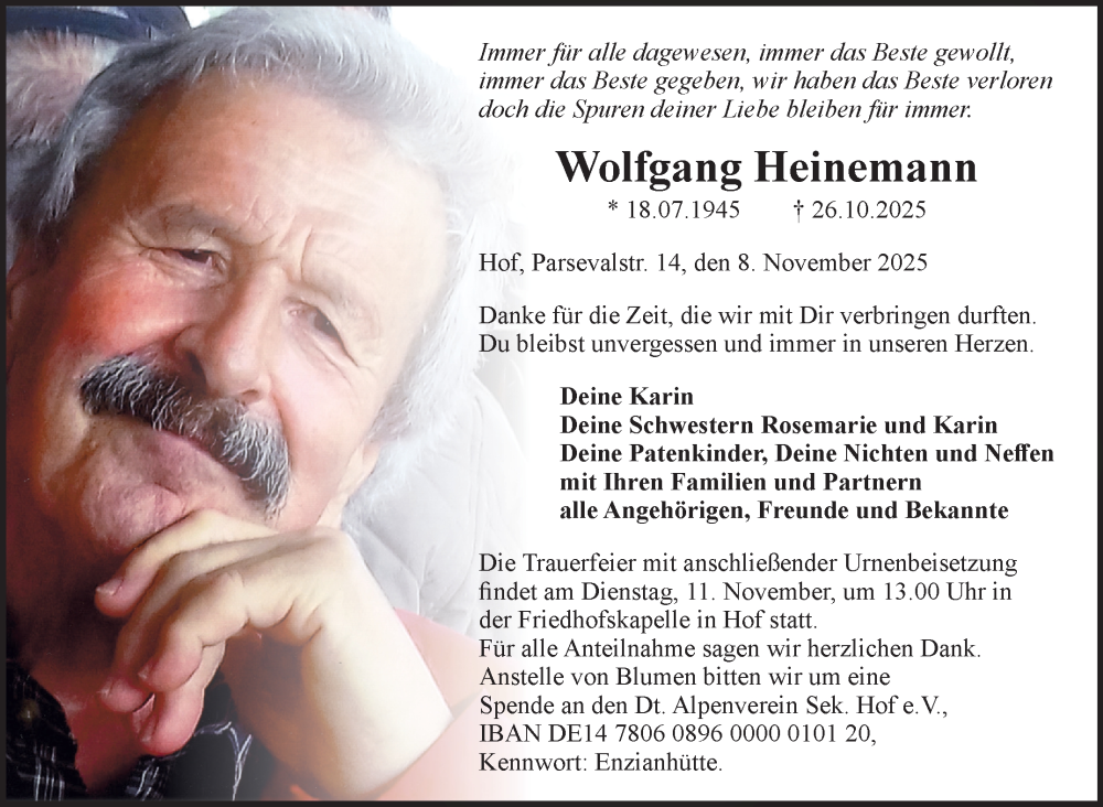  Traueranzeige für Wolfgang Heinemann vom 08.11.2025 aus Frankenpost