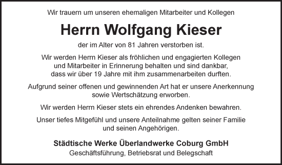 Traueranzeige von Wolfgang Kieser von Neue Presse Coburg