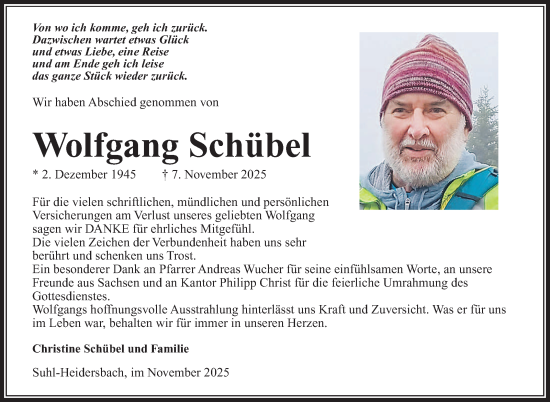 Traueranzeige von Wolfgang Schübel von Südthüringer Presse