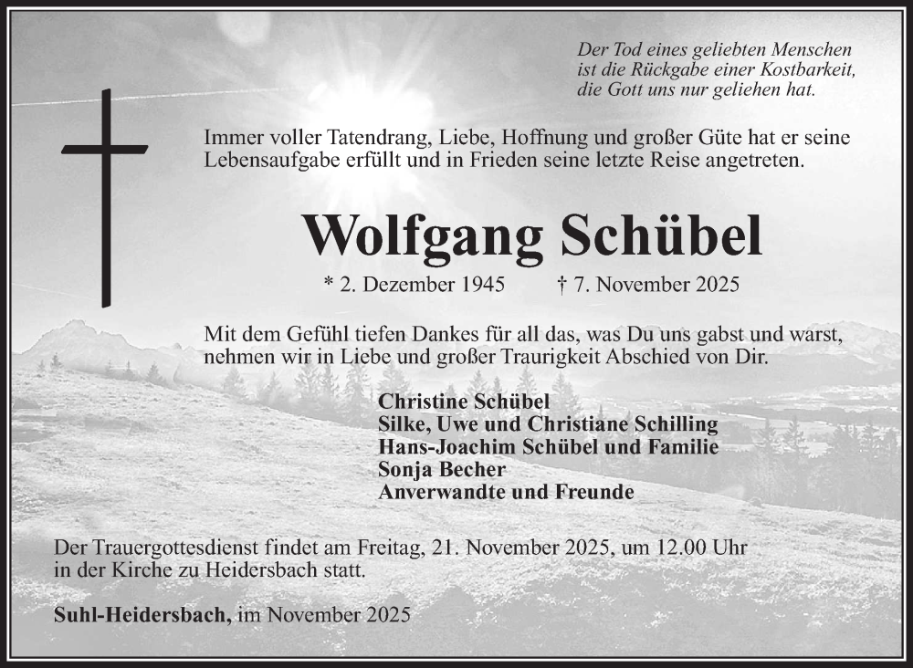  Traueranzeige für Wolfgang Schübel vom 15.11.2025 aus Südthüringer Presse