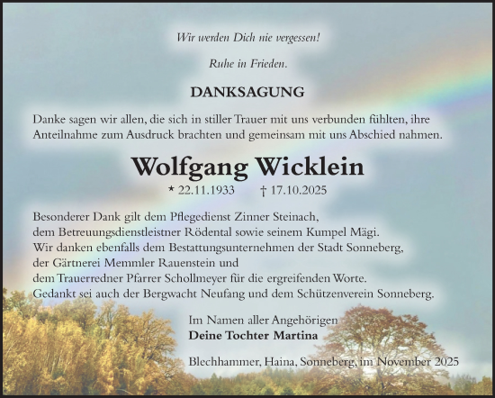 Traueranzeige von Wolfgang Wicklein von Südthüringer Presse