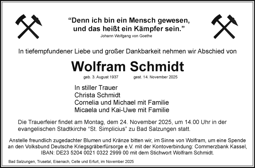  Traueranzeige für Wolfram Schmidt vom 19.11.2025 aus Südthüringer Presse