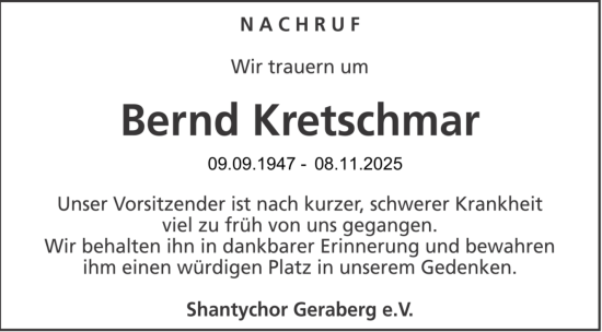 Traueranzeige von Bernd Kretschmar von Südthüringer Presse